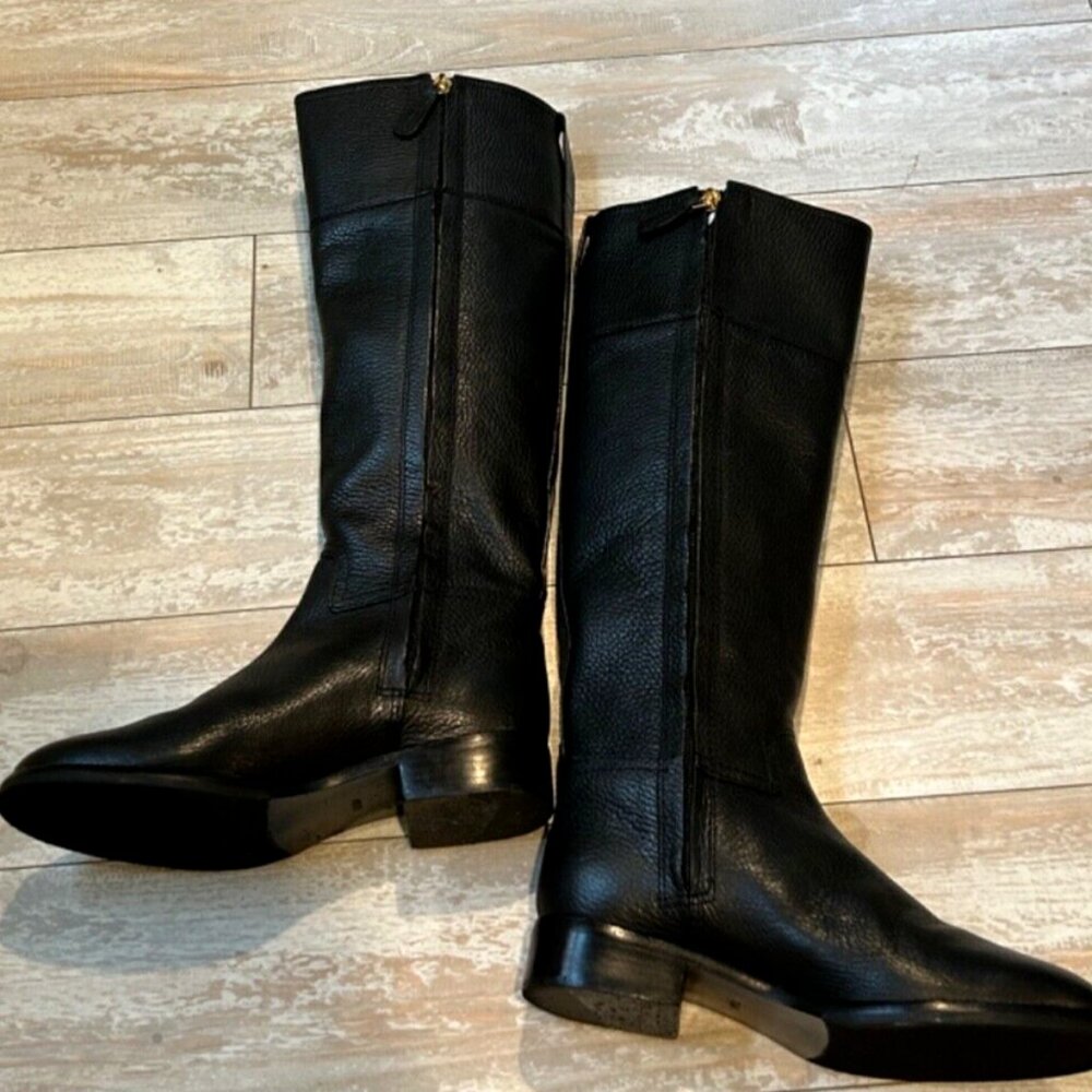 Tory Burch Black Leather Tall Riding Boots with Gold Logo - Picture 4 of 14